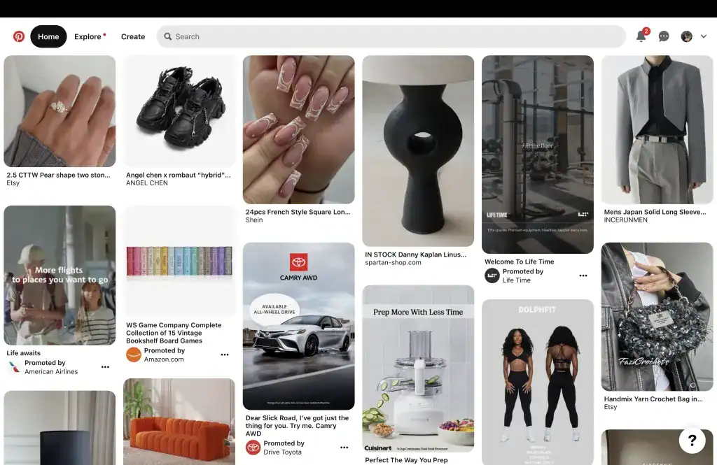 Pinterest desktop interface showing a variety of pins including fashion, home decor, cars, and fitness promotions.